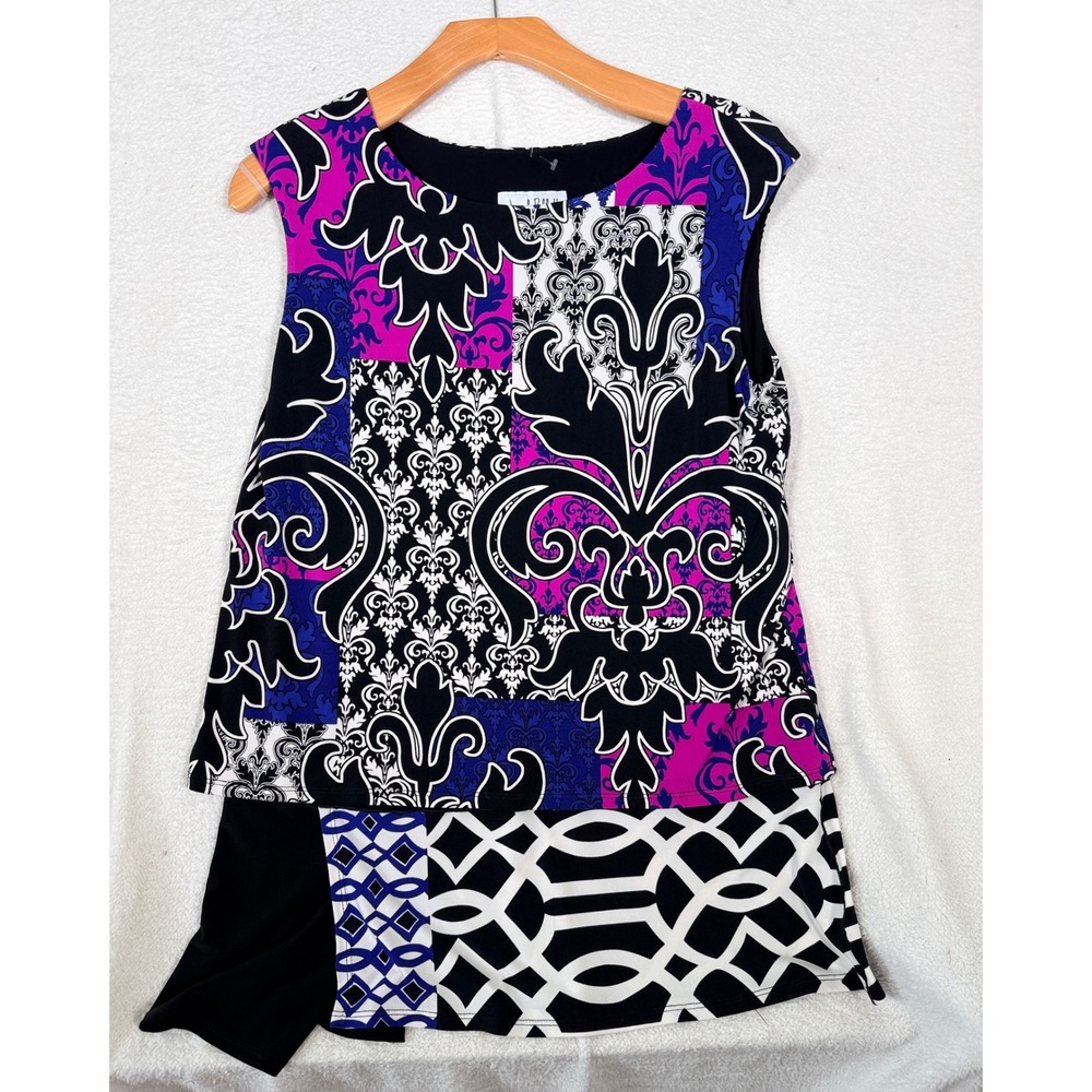 Joseph Ribkoff Mixed Print Tunic Top 14 Purple Blue Damask Geometric Asymmetric